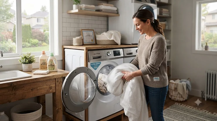Modern front-load steam washer for allergies operating in a bright, clean Canadian laundry room.