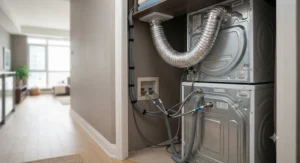 Technical illustration demonstrating ventless installation for a stackable washer dryer for condo bathrooms or hallway closets.