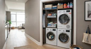 3D vector illustration of a vertical stackable washer dryer for condo laundry spaces with built-in overhead shelving.