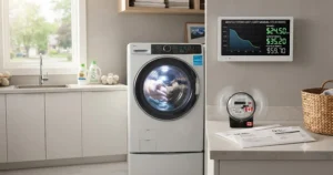 Illustration showing how the most energy efficient washer can significantly lower monthly hydro bills for Canadian households.