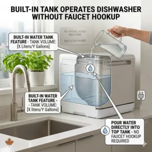 Graphic showing water being poured into the built-in tank of a mini dishwasher no installation required for easy use without a hookup.