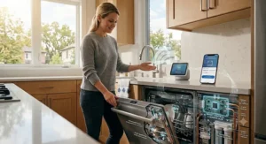 Smartphone screen demonstrating remote monitoring features on the best WiFi dishwasher with bilingual English and French app settings.