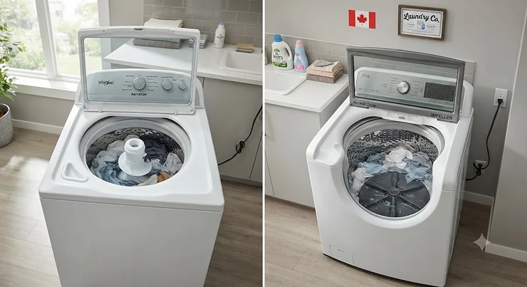 Side-by-side comparison of an agitator washing machine and an impeller washing machine for Canadian homes. agitator vs impeller washer