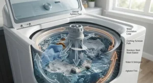 Diagram showing water flow and clothing movement patterns inside an agitator washer.