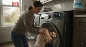 A person loading laundry into a high-efficiency washing machine set to cold, focusing on fabric care and energy reduction.
