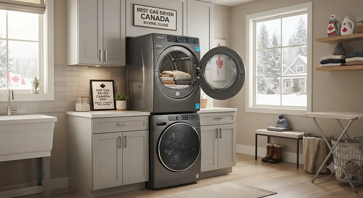 A modern laundry room in a Canadian home featuring the best gas dryer model, highlighting energy efficiency for Canadian winters.
