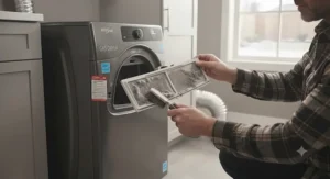 Routine maintenance of the exhaust vent filter on a best gas dryer model to ensure optimal airflow and safety.