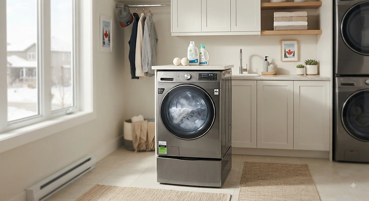 Front view of a high-efficiency steam washer in a modern Canadian laundry room best steam washer
