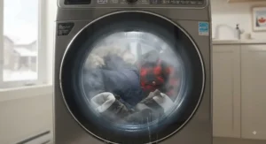 A steam washer cycle in progress, effectively cleaning heavy winter apparel and parkas