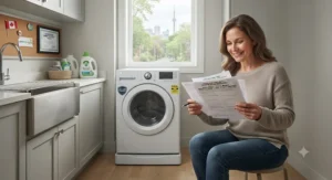 A Canadian homeowner reviewing rebate documents next to a newly installed ventless electric dryer.