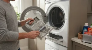 Homeowner cleaning the dual lint filter inside a modern heat pump dryer.