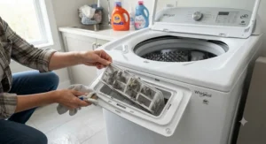 Close-up of a homeowner cleaning the debris filter in a top load impeller washer to maintain performance.