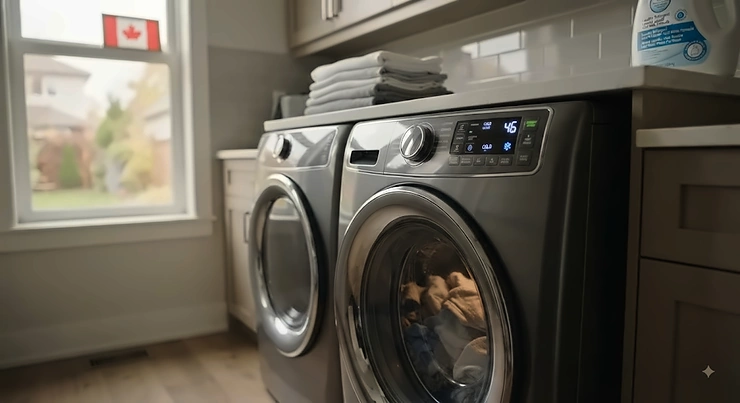 A modern washing machine displaying a cold water cycle setting to highlight energy efficiency in a Canadian home.