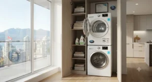 A compact energy efficient electric dryer installed neatly in a high-rise Vancouver apartment condo.