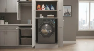 A compact gas dryer installed neatly in a condo laundry closet, ideal for urban Canadian apartments.