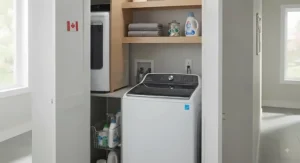 A high-efficiency top load washer neatly fitted into a compact Canadian apartment utility closet.