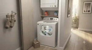 Compact top load washer with agitator installed in a Canadian apartment utility closet.