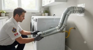 Proper exhaust venting and ductwork setup required for gas dryer installation.