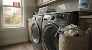 Laundry basket full of clothes next to a washing machine set to a cold water cycle, reflecting Canadian eco-friendly habits.