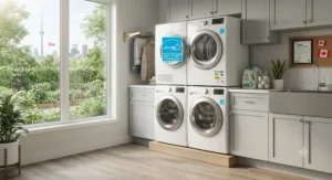 An eco-friendly laundry room setup featuring a top-tier energy efficient electric dryer and matching washer.