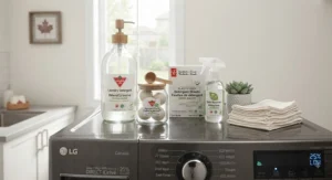 Eco-friendly laundry supplies displayed on top of a smart high-efficiency washer in a home.