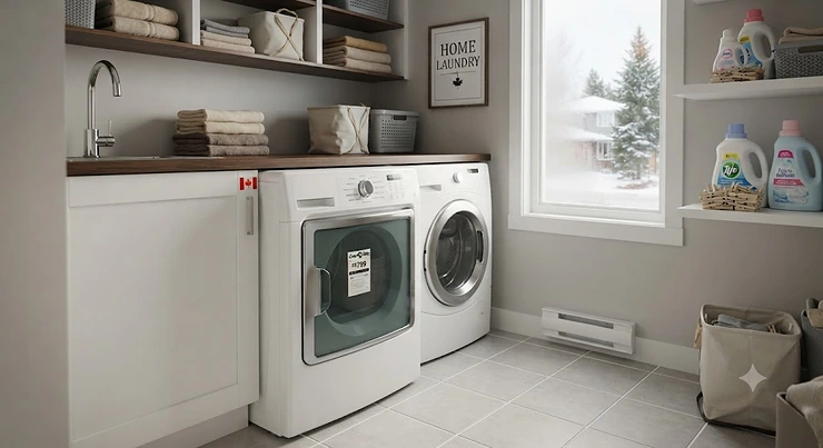 A modern electric dryer under 1000 dollars installed in a Canadian home laundry room, highlighting energy efficiency for Canadian winters.