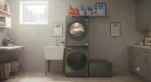 An Energy Star certified gas dryer operating efficiently in a spacious Toronto basement laundry area.