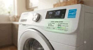Close-up of an ENERGY STAR certified heat pump dryer control panel showing energy savings.