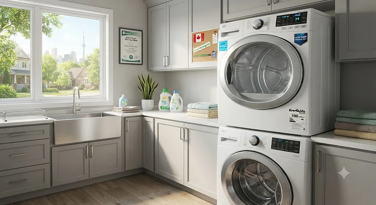 An ENERGY STAR certified heat pump electric dryer operating efficiently in a modern Canadian laundry room.