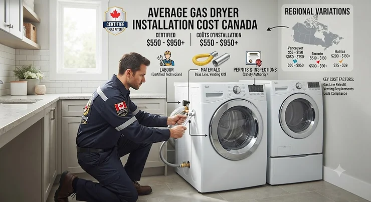 Infographic showing the average gas dryer installation cost in Canada, including labor and materials.