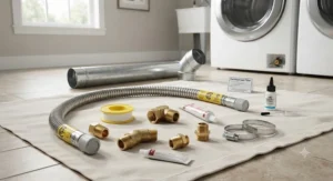 Essential hardware like flexible gas lines and fittings needed for setting up a gas dryer.