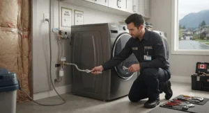 Professional technician installing the gas line connection for a premium gas dryer in a Vancouver residence.