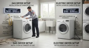Comparison breakdown of gas versus electric dryer installation expenses for Canadian homeowners.
