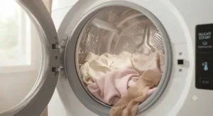 Close-up of delicate garments tumbling gently inside a low-temperature heat pump dryer drum.