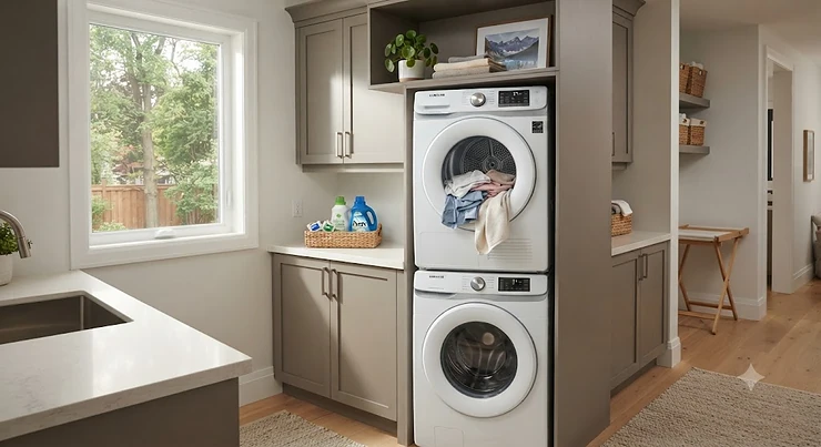 Modern energy-efficient heat pump dryer installed in a contemporary Canadian home laundry room.