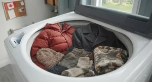 A high-efficiency top load washer handling heavy Canadian winter jackets and bulky blankets with ease.