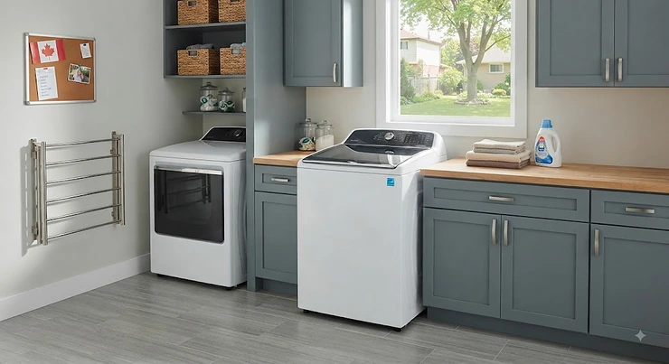 A high-efficiency top load washer installed in a bright, modern Canadian home laundry room.