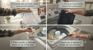 Step by step guide showing how to properly load laundry into a top load washer with agitator.