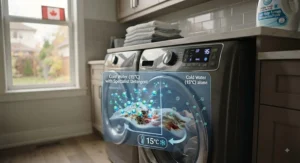 Diagram showing the effectiveness of cold water detergents in a standard residential washing machine.