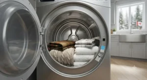 Spacious stainless steel drum inside a high-capacity energy efficient electric dryer loaded with winter linens.