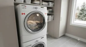 Extra-large capacity electric dryer under 1000 handling bulky winter coats, blankets, and bedding for a Canadian family.