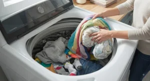 The spacious stainless steel drum of a high-efficiency top load washer being loaded with family laundry.