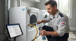 Certified provincial gas fitter ensuring code compliance during a dryer installation.