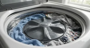 Low-profile impeller plate located at the bottom of a modern high-efficiency washing machine drum.
