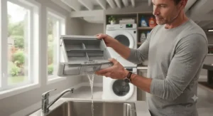 Person emptying the condensed water collection drawer of a ventless heat pump dryer.