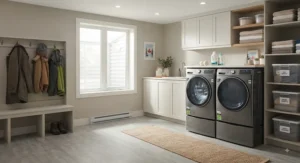 A clean, organized Canadian basement laundry room featuring a modern steam washer unit