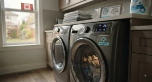 A view of a laundry room featuring a cold water capable washing machine to help reduce household energy consumption.
