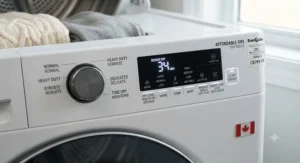Close-up control panel of an affordable electric dryer under 1000 showcasing sensor drying cycles for delicate winter garments.