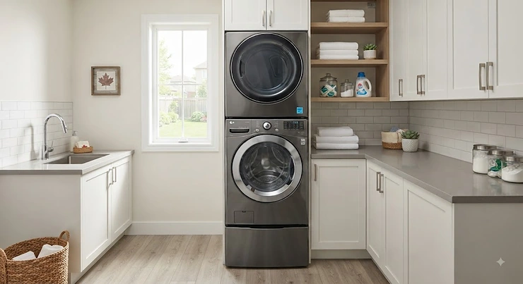A sleek smart high-efficiency washer installed in a bright, modern Canadian laundry room.