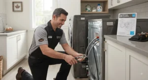 Technician demonstrating the easy installation of a smart high-efficiency washer in a home.